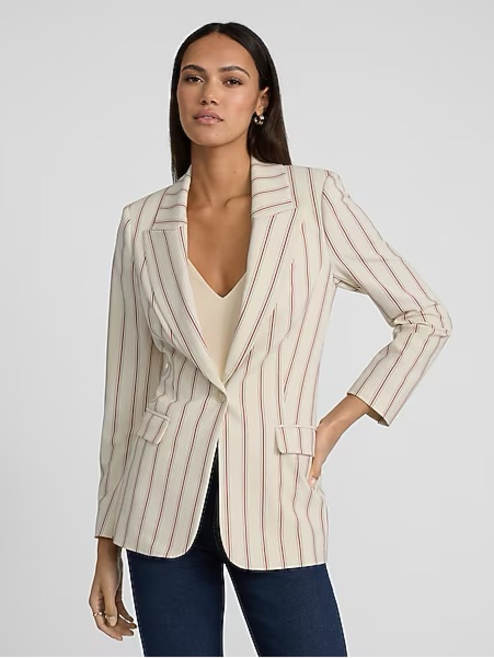 Express-Long Slim Blazer with Red Pinstripes